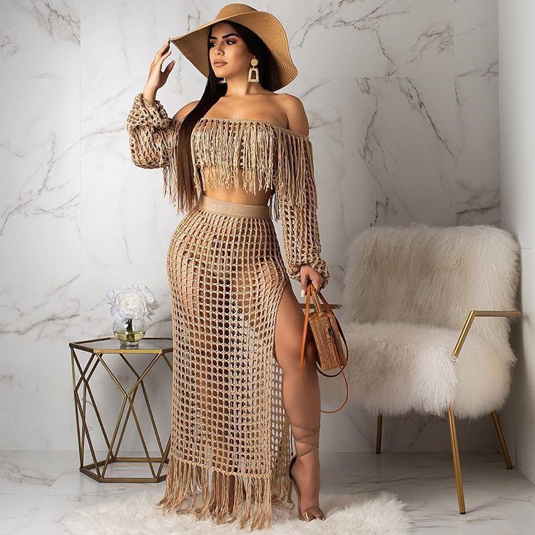 Women Clothing Casual Mesh Tassel Beach Skirt Two Piece Set Bella Mia
